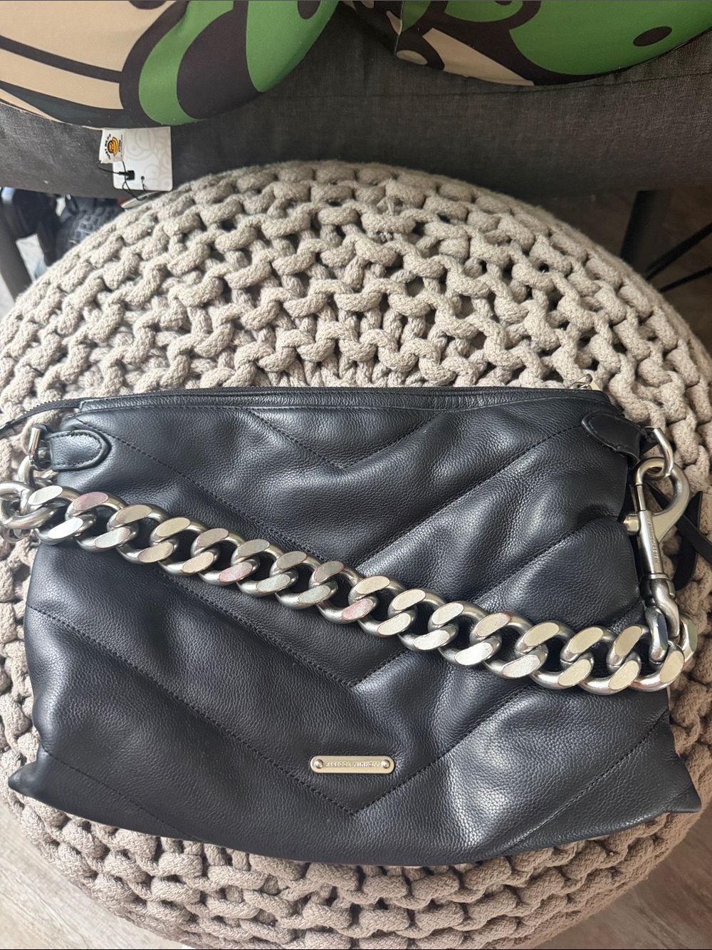 Rebecca Minkoff Black Quilted Leather Shoulder Bag with Silver Chain